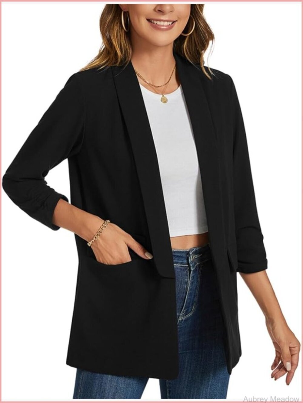 3/4 Ruched Sleeve Blazer Open Front Shawl Collar